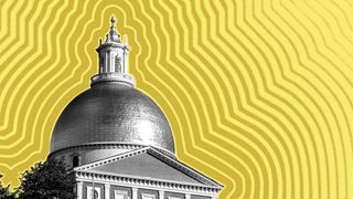 Illustration of the Massachusetts State House with lines radiating from it. 